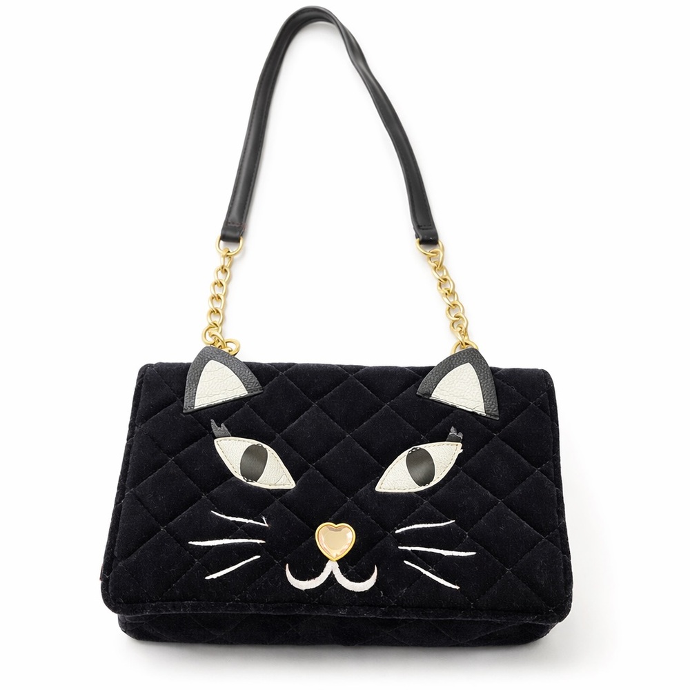 Betsey Johnson Black Quilted Cat Face Crossbody Purse Novelty Kitty Bag